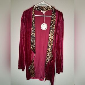NEW Umgee Burgundy Velvet Kimono Cardigan 1XL Leopard Trim Open Front Boho